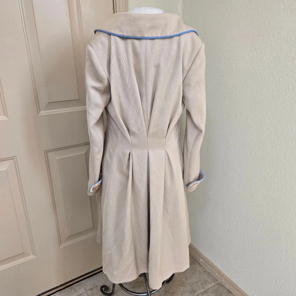 Anthropologie ett:twa Beige Piped Trench Coat with Blue Trim, Size 6